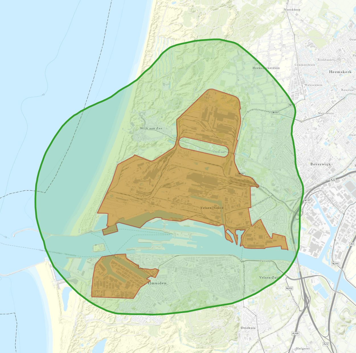 De grenzen van de geluidzone industriegebied IJmond. In Wijk aan Zee heeft 30% van de inwoners last van ernstige hinder.
